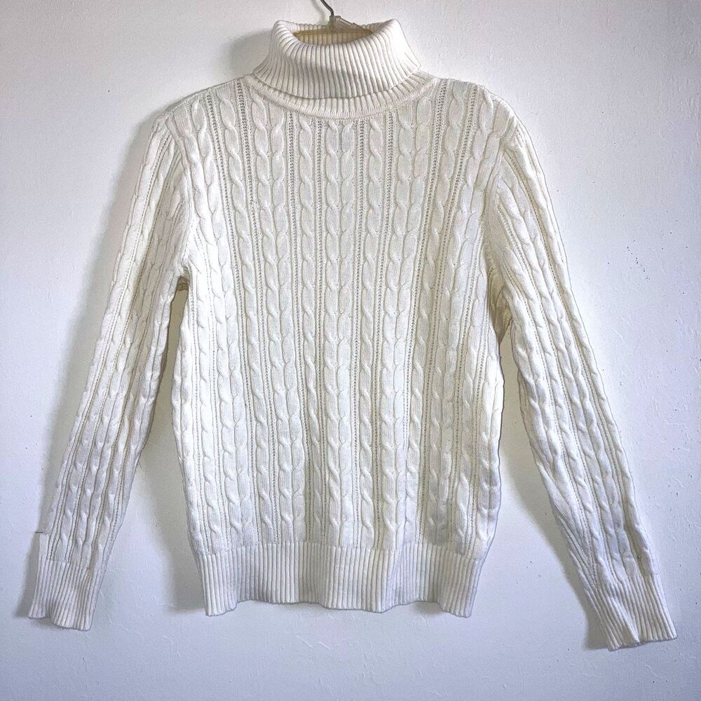 ST JOHNS BAY L 100% Cotton Cable Knit Pullover Sweater Top Ivory White Vanilla